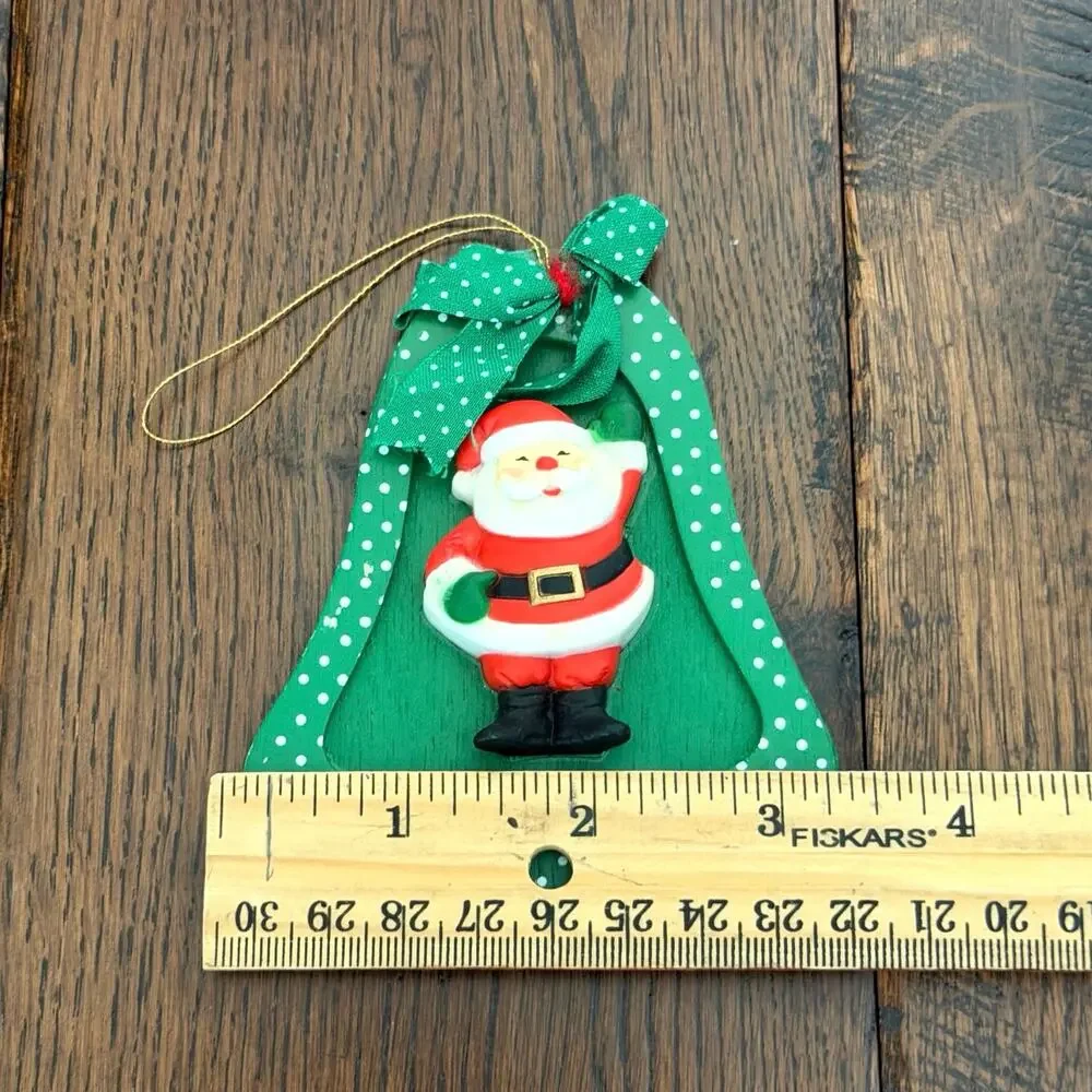Vintage Christmas Ornaments –Raised Santa & Frosty on Green Polka Dot Background